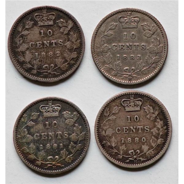 1880H 10¢ Obv 1, 1881H, 1882H & 1883H.  Lot of 4 coins F+ and better.  See Pic.