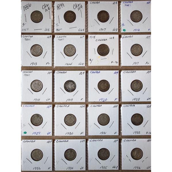 1886-1936 10¢, lot of 20 coins.  Grades vary from Good to VF.