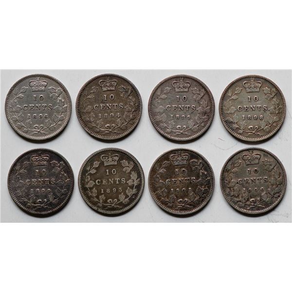 1893 10¢ FT to 1901.  Lot of 8 coins VF and better on average w/some exceptions.  See Pic.