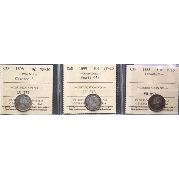 1898 10¢ Obv 6, 1899 Sml 9's both Very Fine-20 & 1888 Choice Fine-15.  Lot of 3 ICCS graded coins.