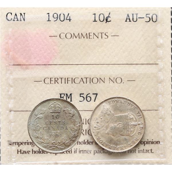 1904 10¢ ICCS About Uncirculated-50.  Nice example with soft yellow tints.