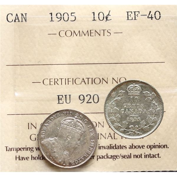 1905 10¢ ICCS Extra Fine-40.  Nice issue with remaining lustre.