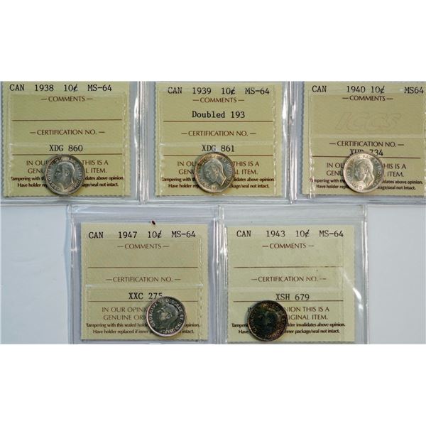 1938 10¢, 1939 Doubled 193, 1940, 1943, and 1947 all ICCS Choice Mint State-64, lot of 5 coins.