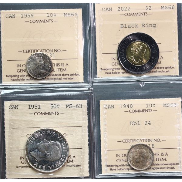 Mixed Lot; 1940 10¢ DBL "94", 1959 10¢, 1951 50¢, 2022 $2 Black Ring.  All 4 coins ICCS graded Choic