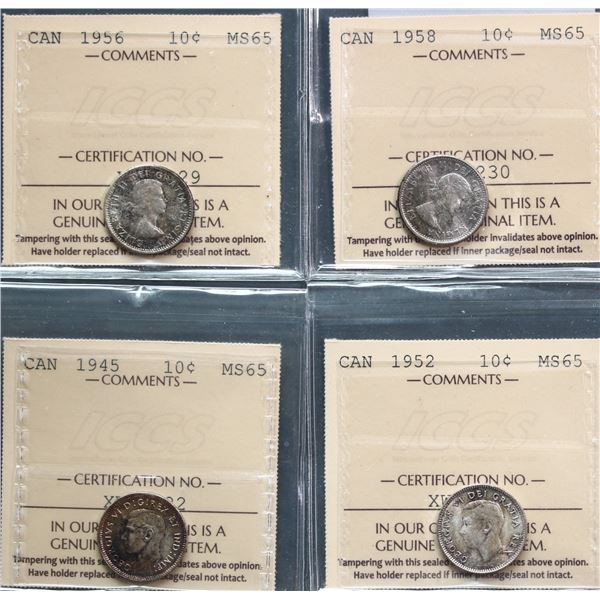 1945 10¢, 1952, 1956, 1958 All 4 coins ICCS Gem Mint State-65