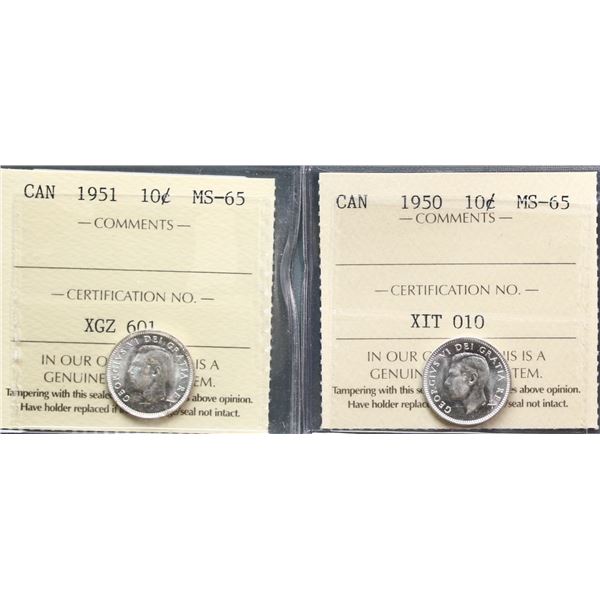 1950 10¢, and 1951 both ICCS Gem Mint State-65.