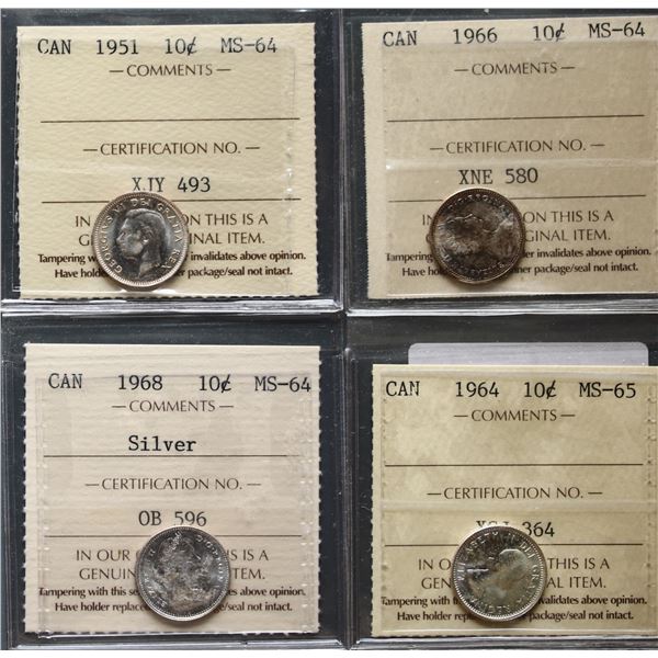 1951 10¢, 1966, 1968 Silv all Choice Mint State-64 & 1964 Gem Mint State-65.  Lot of 4 ICCS graded c