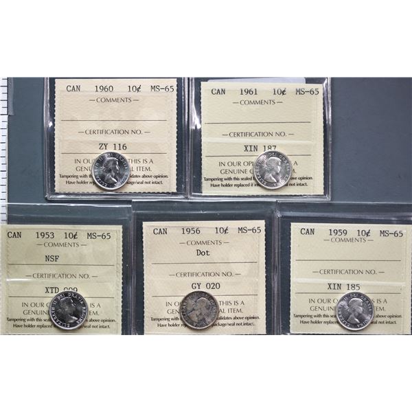 1953 10¢ NSF, 1956 Dot, 1959, 1960, and 1961, all ICCS Gem Mint State-65, lot of 5 coins.