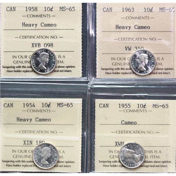 1954 10¢ HC, 1955 Cam, 1958 HC, and 1963 HC, all ICCS Gem Mint State-65, lot of 4 coins.