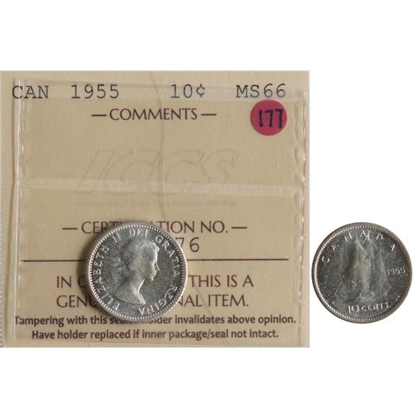 1955 10¢ ICCS Superb Gem Mint State-66.  Fully lustrous Gem issue.