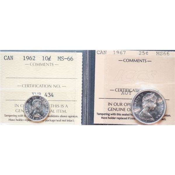 1962 10¢ & 1967 25¢ ICCS Superb Gem Mint State-66.  Lot of 2 Blast white gem examples.