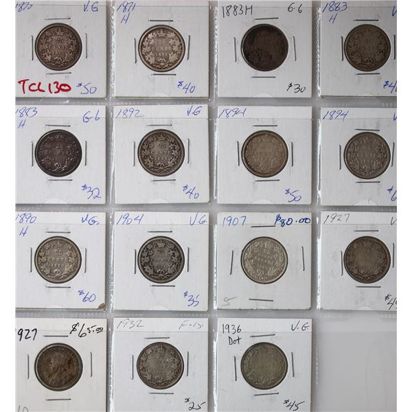 1870-1936 Dot 25¢, includes semi-key dates and better varieties.  Lot of 15 coins. Good-4 to Very Go