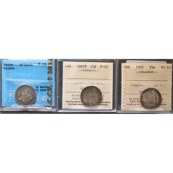 1872H 25¢ CCCS Choice Fine-15, 1881H ICCS Fine-12 & 1892 ICCS Very Good-10.  Lot of 3 graded coins.