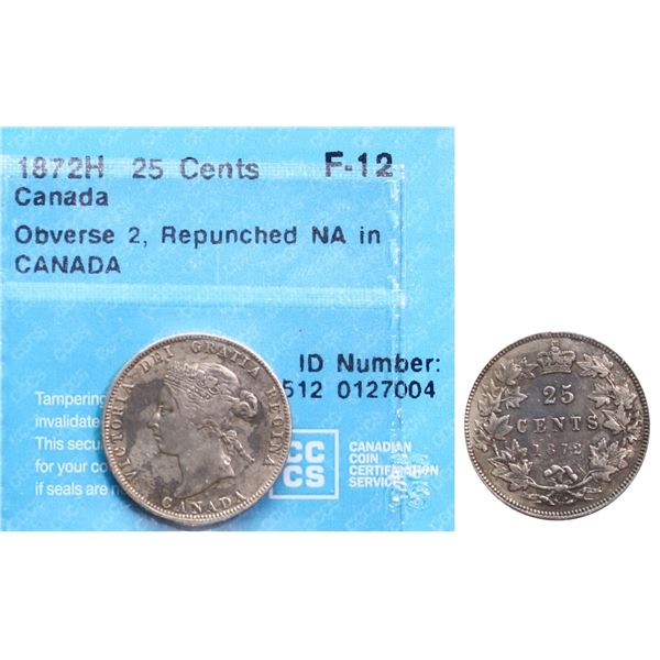 1872H 25¢ Obv.2, Repunched "NA" in CANADA CCCS Fine-12