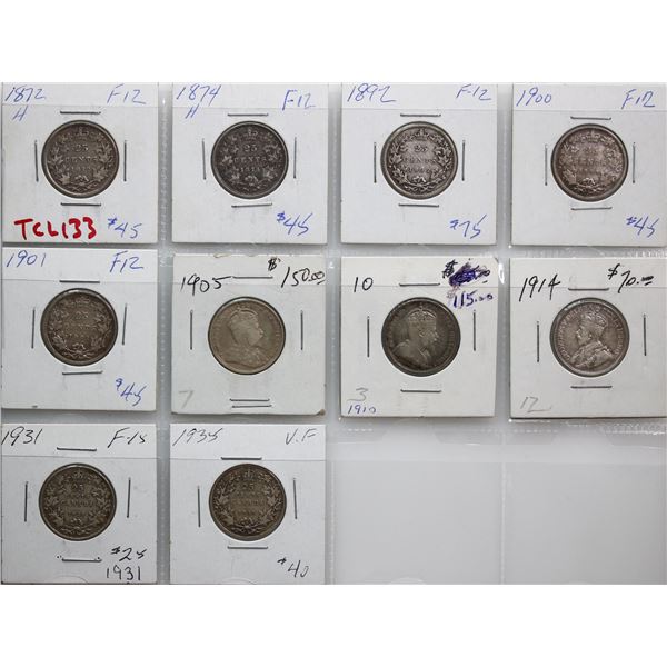 1872H-1935 25¢ Average Fine or better.  Lot of 10 coins.