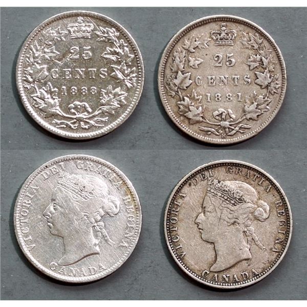 1881H 25¢, 1888, lot of 2 coins.  VG to F+.