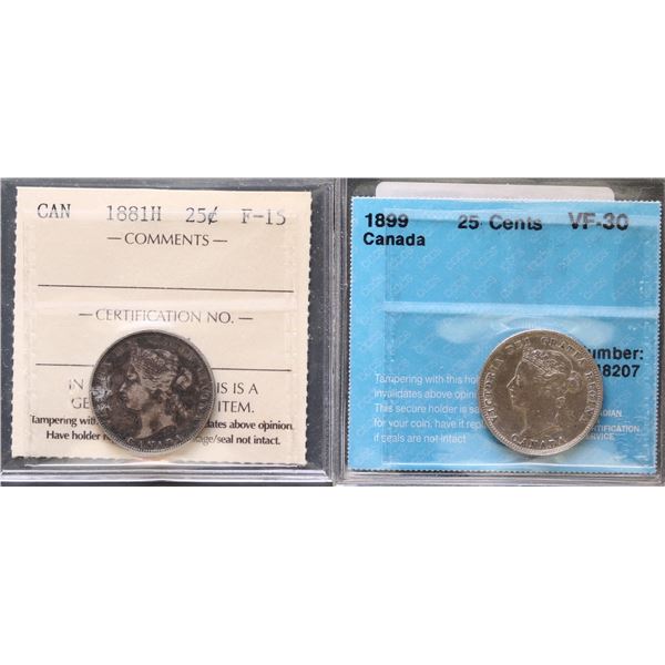 1881H 25¢ ICCS  Choice Fine-15 & 1899 CCCS Choice Very Fine-30.  Lot of 2 graded coins.