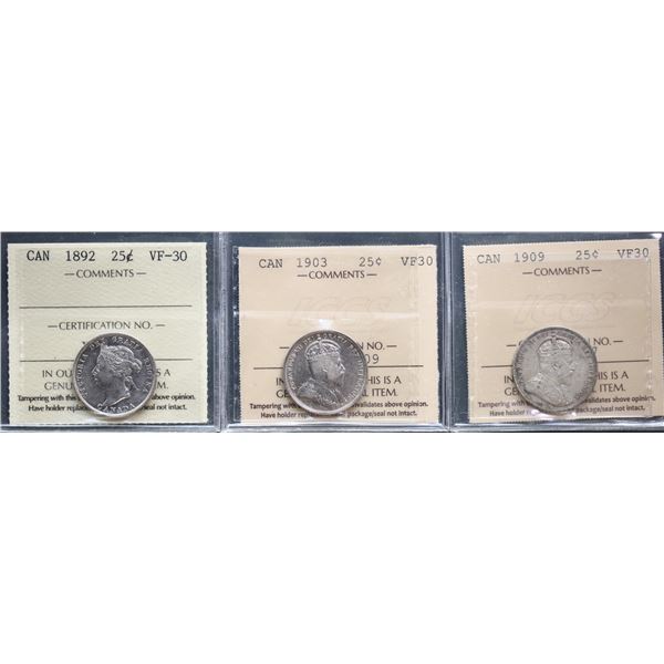 1892 25¢, 1903, 1909, all 3 coins ICCS graded Choice Very Fine-30.