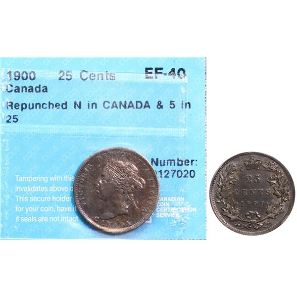 1900 25¢ Repunched "N" in CANADA & "5" IN 25 CCCS Extra Fine-40.  Lustrous.