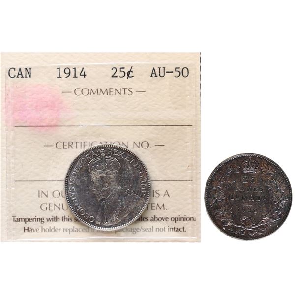 1914 25¢ ICCS About Uncirculated-50.  Liustrous issue with mild silvery grey tones.
