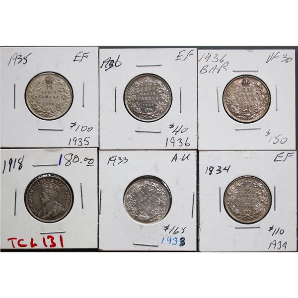 1918-1936 Bar (Faint Bar) 25¢ All VF+ to AU. A nice 6 coin lot.