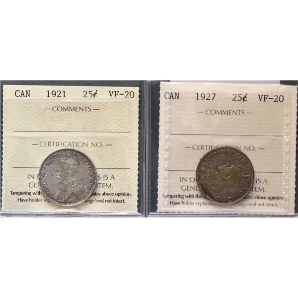 1921 25¢ & 1927 ICCS Very Fine-20.  Lot of 2 coins.