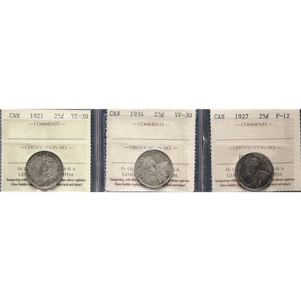 1921 25¢, 1934 both Choice Very Fine-30 & 1927 Fine-12.  Lot of 3 ICCS graded coins.