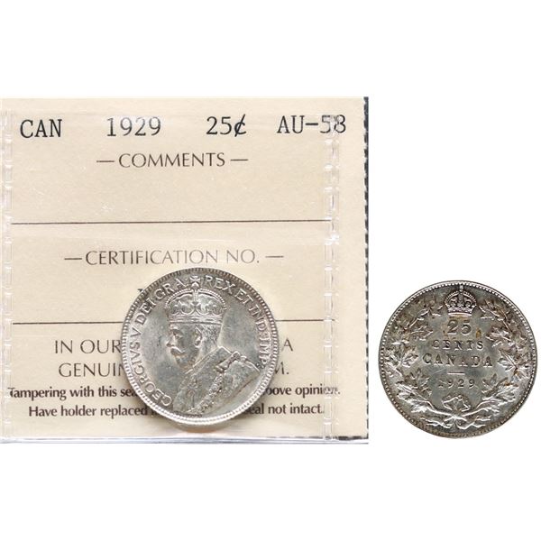 1929 25¢ ICCS Choice About Uncirculated-58.  Lustrous white issue.