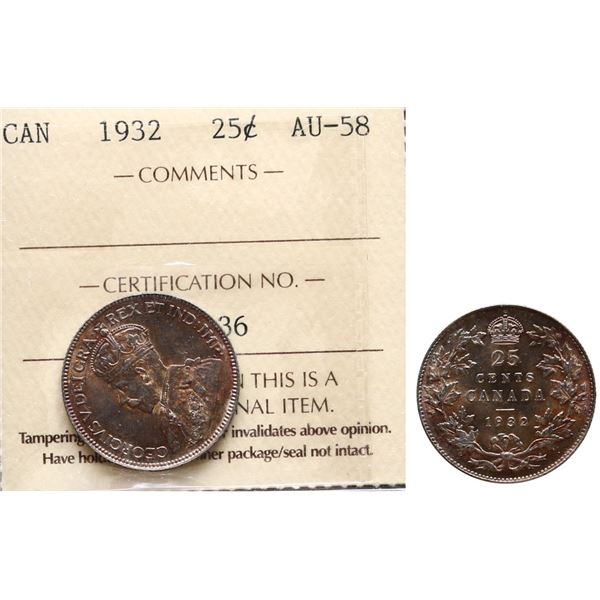 1932 25¢ ICCS Choice About Uncirculated-58.  Attractive sunset tones.