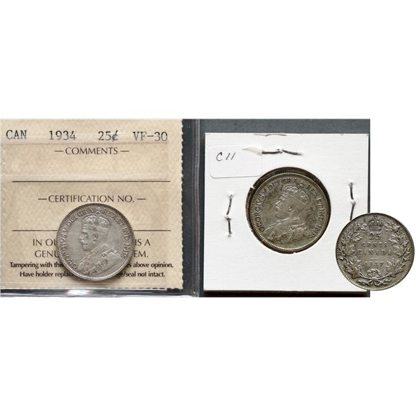 1934 25¢ Choice Very Fine-30 & 1927 F+.  Lot of 2 coins, 1934 ICCS graded.