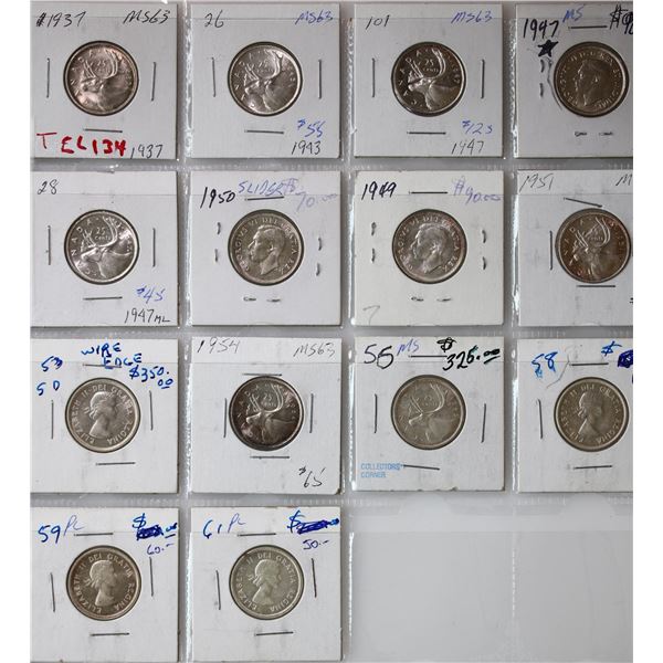 1937-1961 25¢ All Uncirculated to Proof-Like.  Lot of 14 coins.