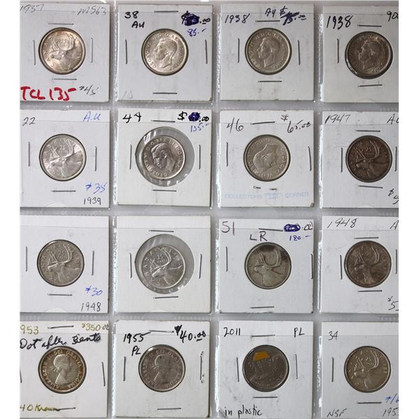 1937-1953 25¢ All VG to Proof-Like.  Average AU.  Lot of 16 coins.