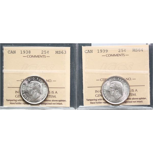 1938 25¢, 1939 Both coins ICCS Choice Mint State-63 & Choice Mint State-64 respectively