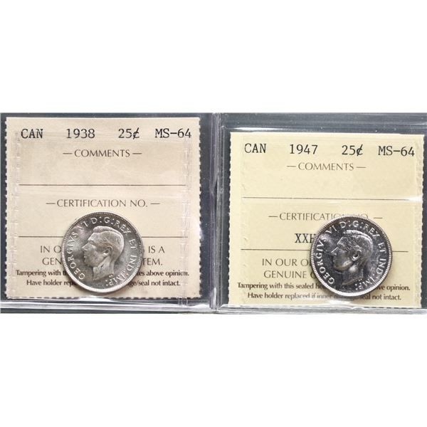 1938 25¢, and 1947 both ICCS Choice Mint State-64.