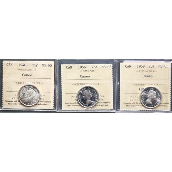 1940 25¢, 1956, and 1959, all ICCS Gem Mint State-65 Cameo, lot of 3 coins.
