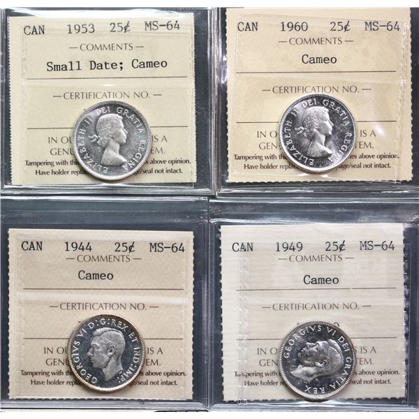 1944 25¢, 1949, 1953 SD, and 1960 all ICCS Choice Mint State-64 Cameo, lot of 4 coins.