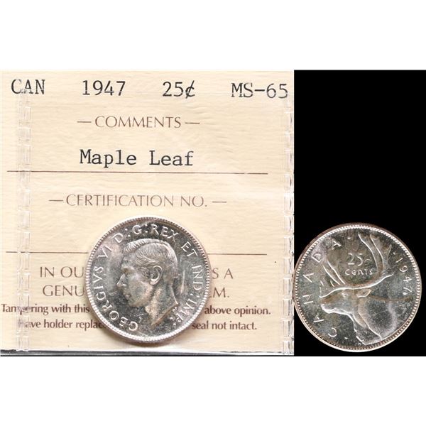 1947 25¢ ML ICCS Gem Mint State-65.