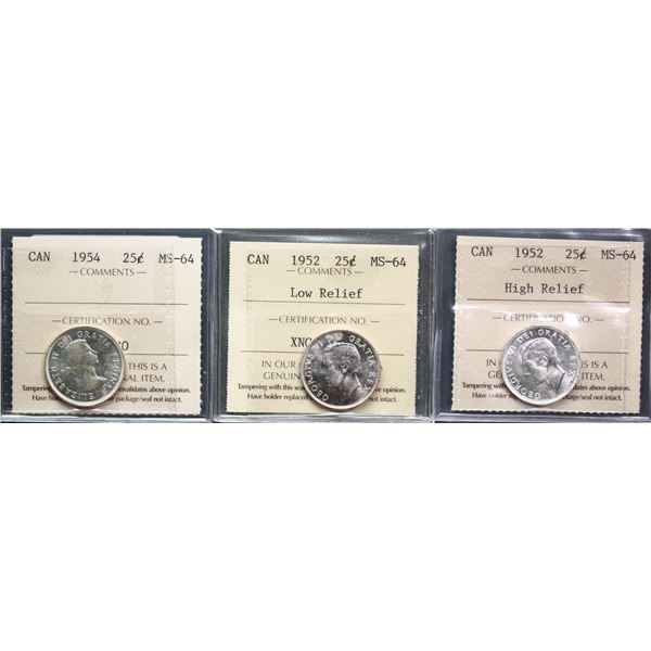 1952 25¢ HR, 1952 LR, and 1954 all ICCS Choice Mint State-64, lot of 3 coins.
