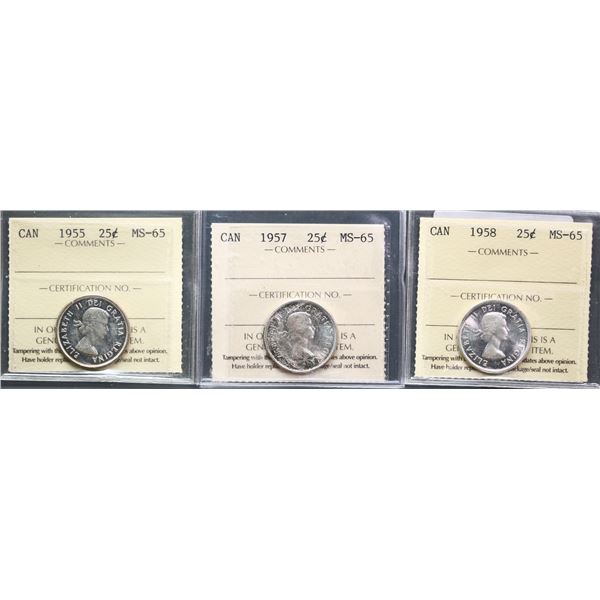 1955 25¢, 1957, and 1958 all ICCS Gem Mint State-65 lot of 3 coins.