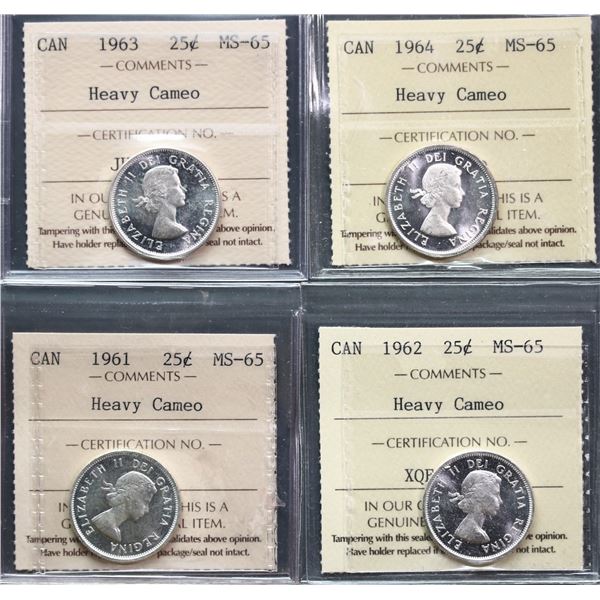 1961 25¢, 1962, 1963, and 1964 all ICCS Gem Mint State-65 Heavy Cameo, lot of 4 coins.