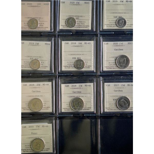 Group Lot of 10 coins; includes 5 X 25¢ 2010 to 2020 & 5 X 10¢ 2018 to 2020.  All ICCS Choice Mint S