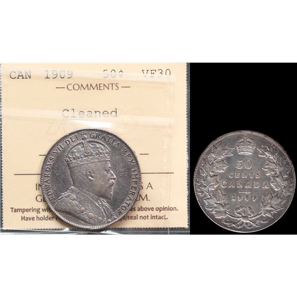 1909 50¢ ICCS Choice Very Fine-30 Very sharp example with light toning.  Cleaned.