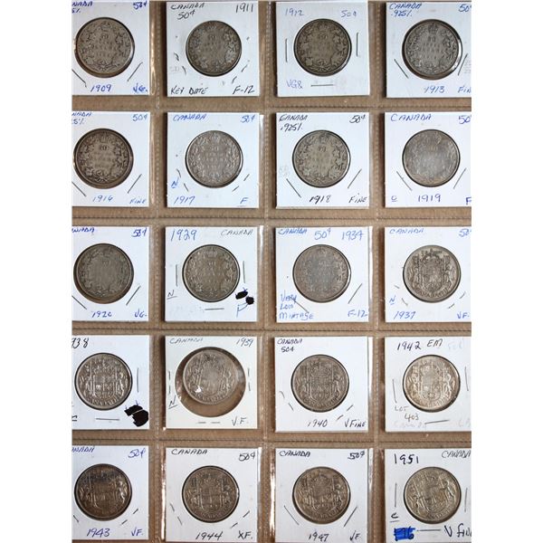 1909-1951 50¢, lot of 20 coins.  Grades vary from VG to AU.