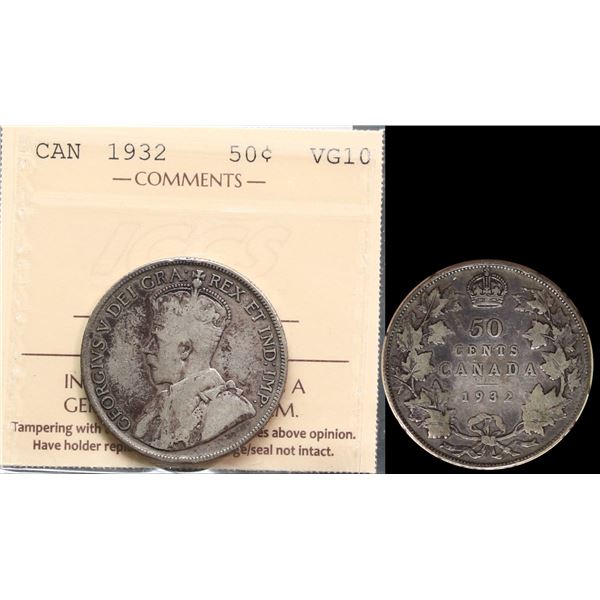 1932 50¢ ICCS Very Good-10 Lightly toned.  Semi-Key date.