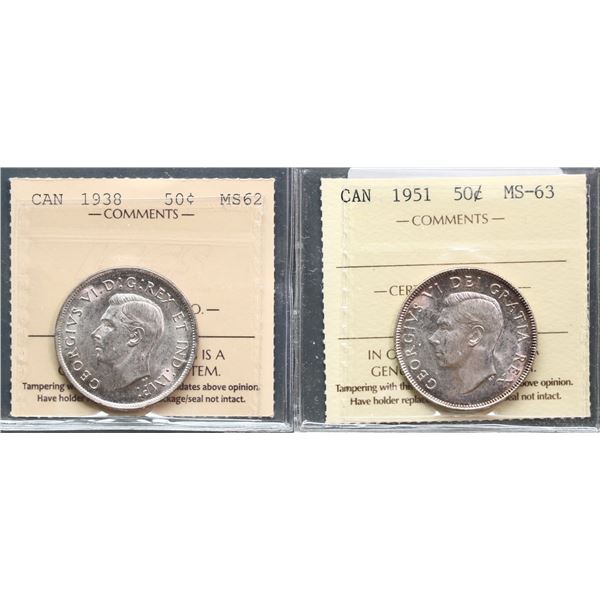 1938 50¢ Choice Mint State-62, 1951 Choice Mint State-63, both ICCS graded.