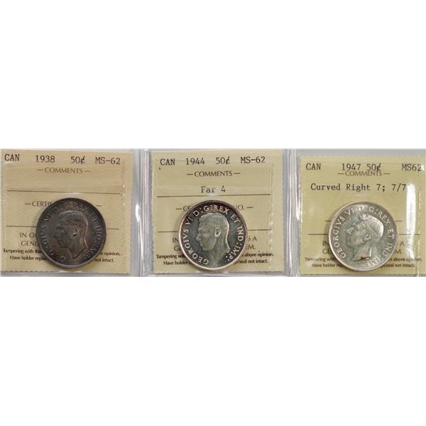 1938 50¢, 1944 Far 4, and 1947 CR7;  7/7, all ICCS Choice Mint State-62, lot of 3 coins.