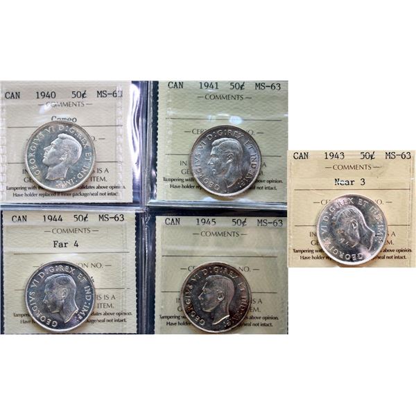 1940 50¢ Cameo, 1941, 1943 Near 3, 1944 Far 4, and 1945, all ICCS Choice Mint State-63, lot of 5 coi