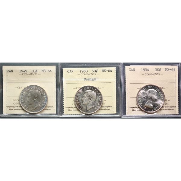 1949 50¢, 1950 Des, and 1954 all ICCS Choice Mint State-64, lot of 3 coins.