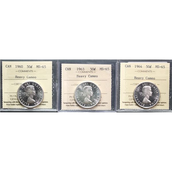 1960 50¢, 1963, and 1964, all ICCS Gem Mint State-65 Heavy Cameo.