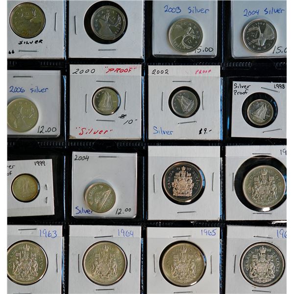 Group Lot of 16 Silver coin; includes 6 X 50¢ 1963-1999, 5 25¢ 1996 to 2006, 4 10¢ 1998 to 2002 & 20